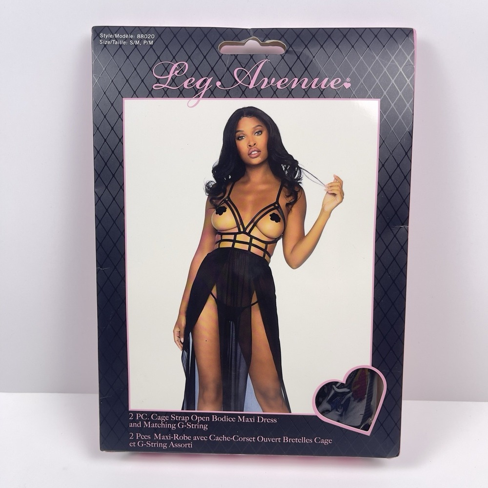 Leg Avenue 88020 Cage Strap Open Bodice Sheer Maxi Dress & GString Black S/M NIP